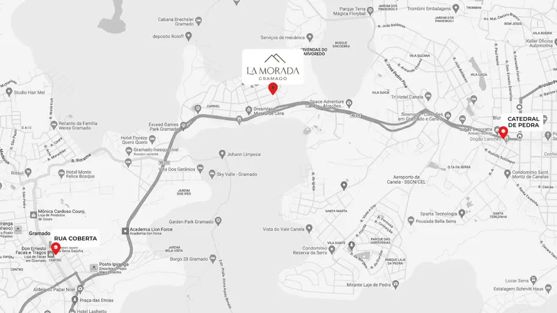 Mapa com o La Morada entre o centro de Gramado e a Catedral de Pedra, em Canela